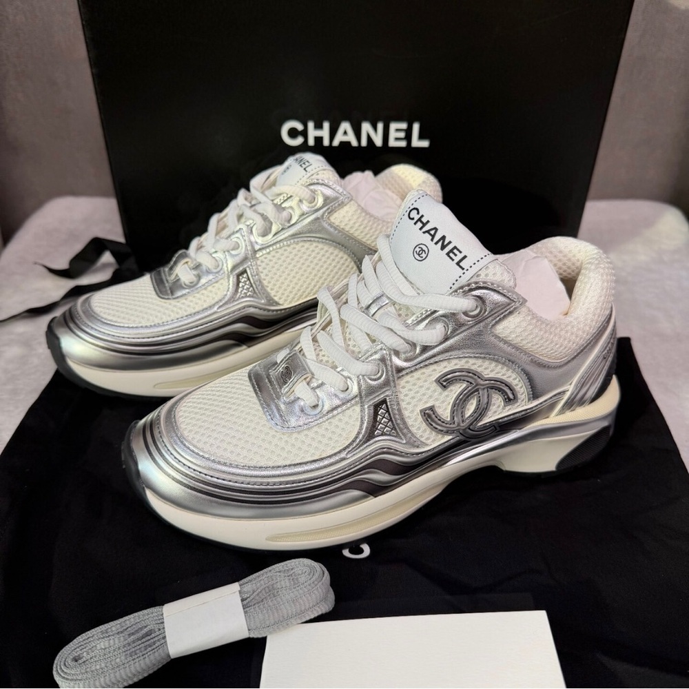 CHANEL Women's Metallic Silver and White Sneakers